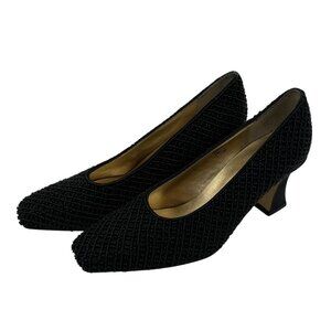 Apostrophe Black Beaded Satin Heels Size 7.5 Elegant Square Toe Mid Heel Shoes